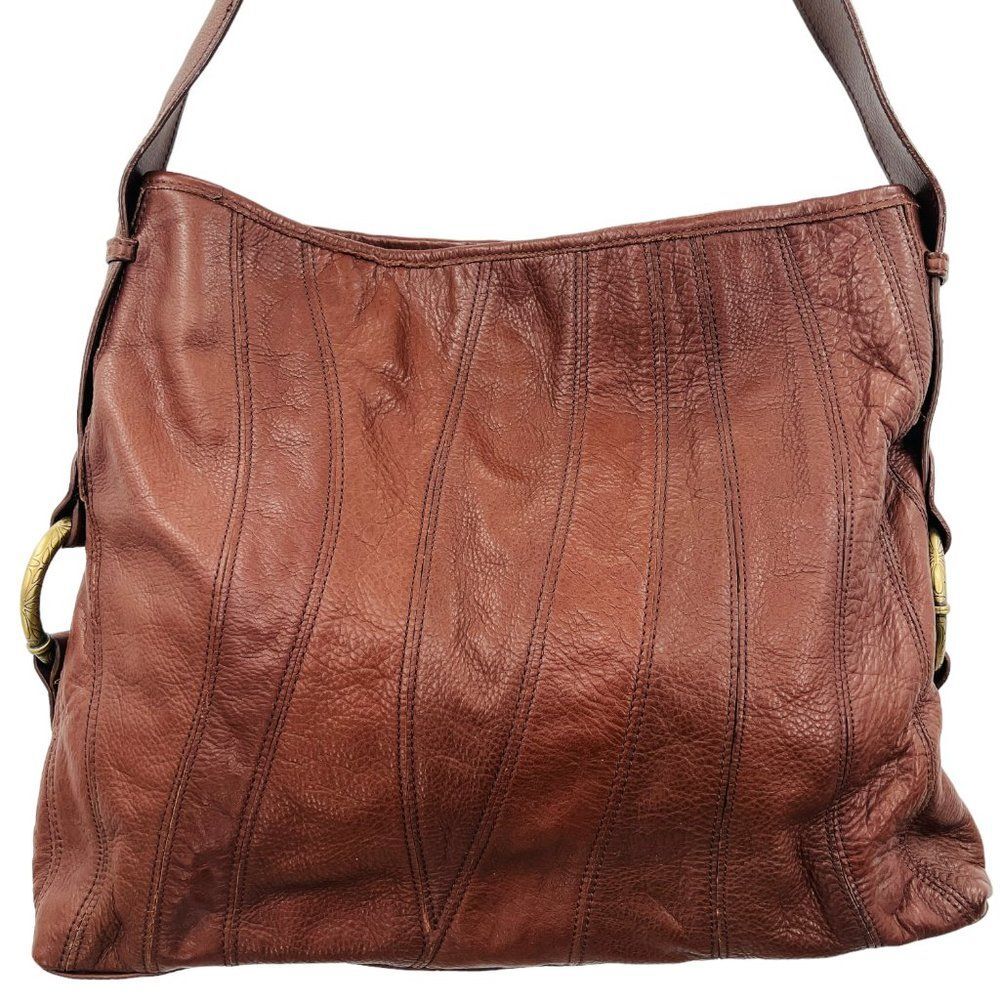 Kenneth Cole Reaction Brown Stitched Design Hobo Tote Leather Handbag
